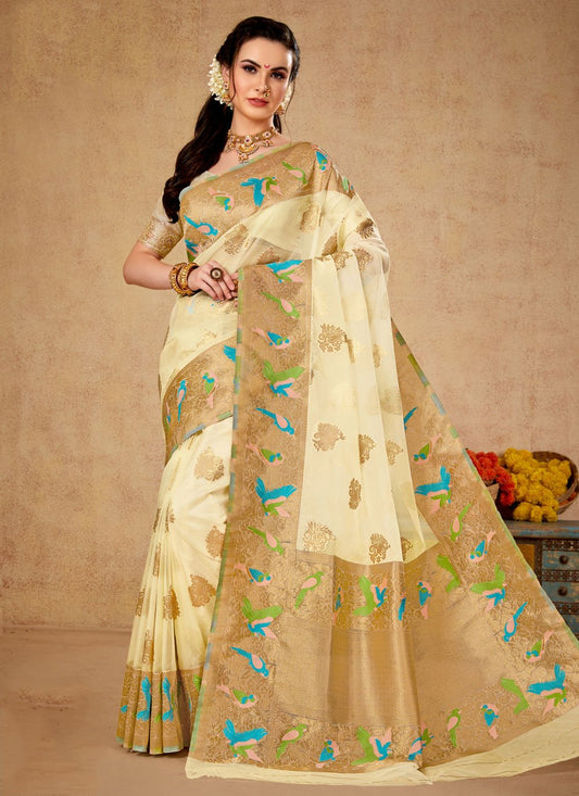 Trendy Saree Organza Cream Weaving Saree