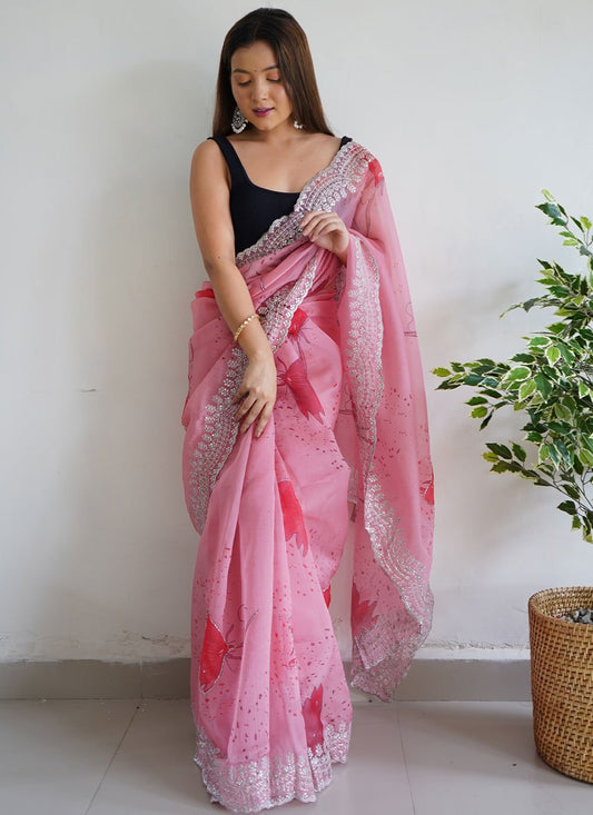 Contemporary Organza Pink Cut Work Saree