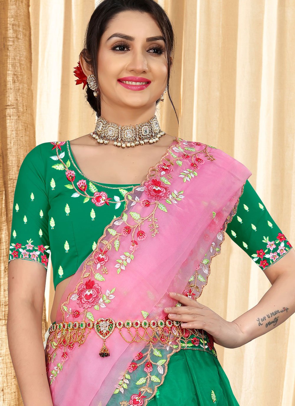 Lehenga Choli Organza Green Embroidered Lehenga Choli