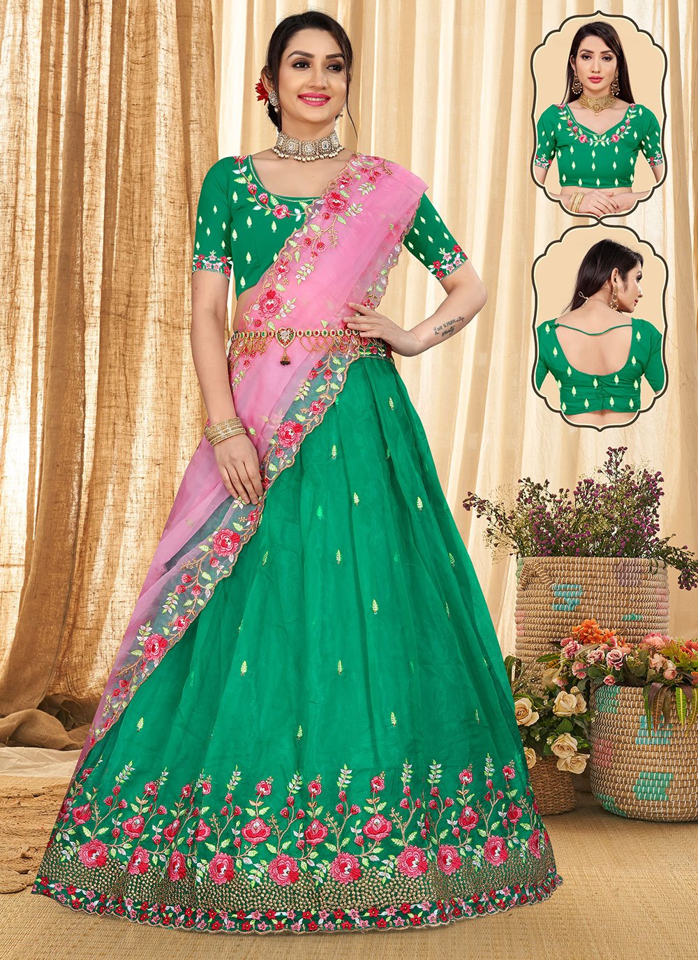 Lehenga Choli Organza Green Embroidered Lehenga Choli