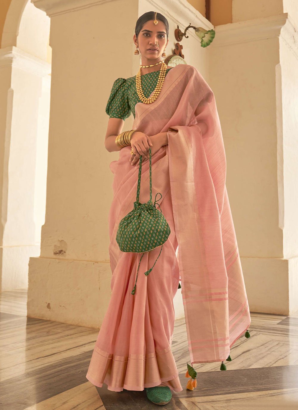 Designer Organza Pink Plain Saree