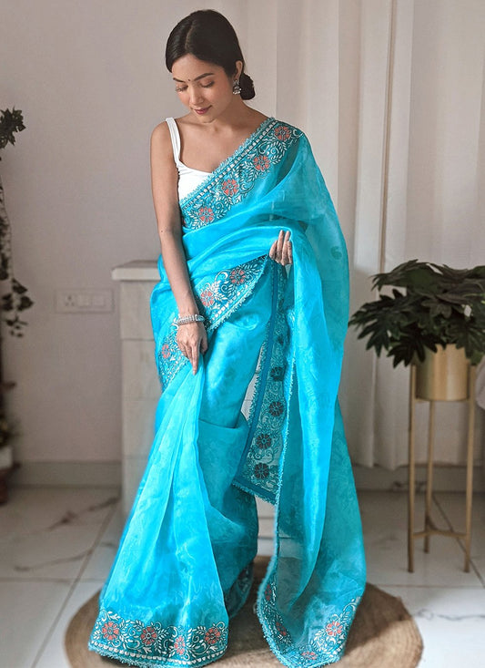 Classic Organza Aqua Blue Digital Print Saree