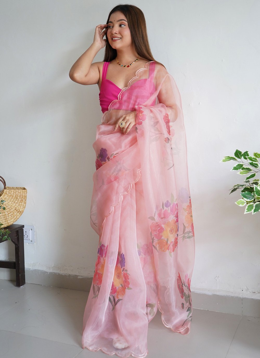 Classic Organza Peach Digital Print Saree