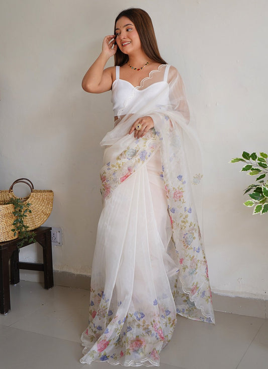 Contemporary Organza White Digital Print Saree