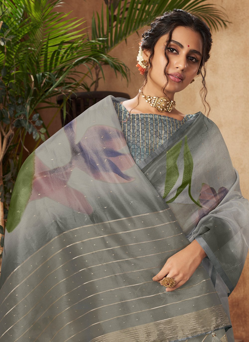 Trendy Saree Organza Grey Digital Print Saree