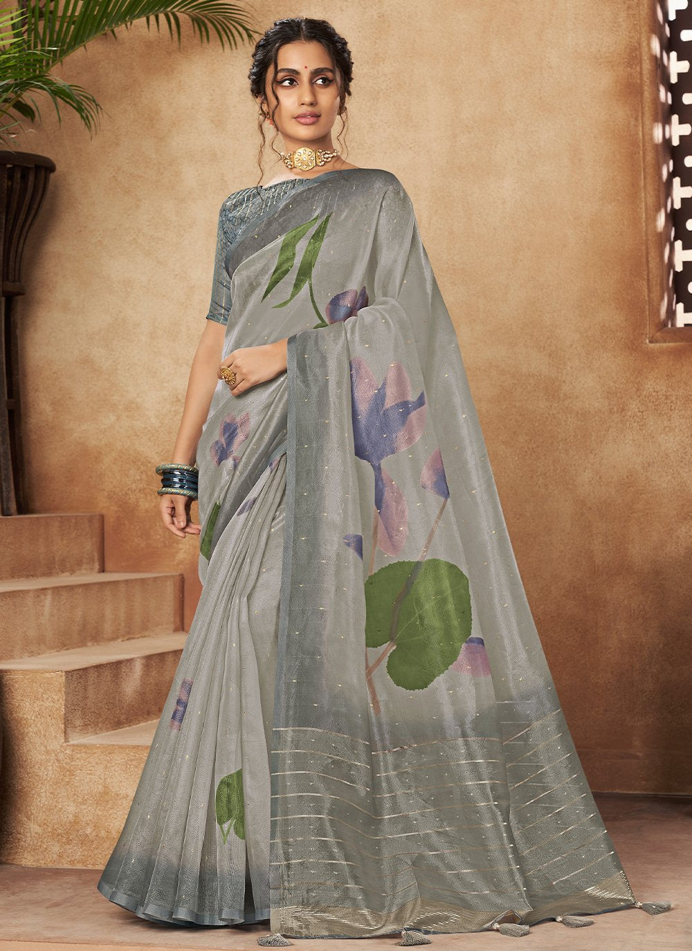 Trendy Saree Organza Grey Digital Print Saree