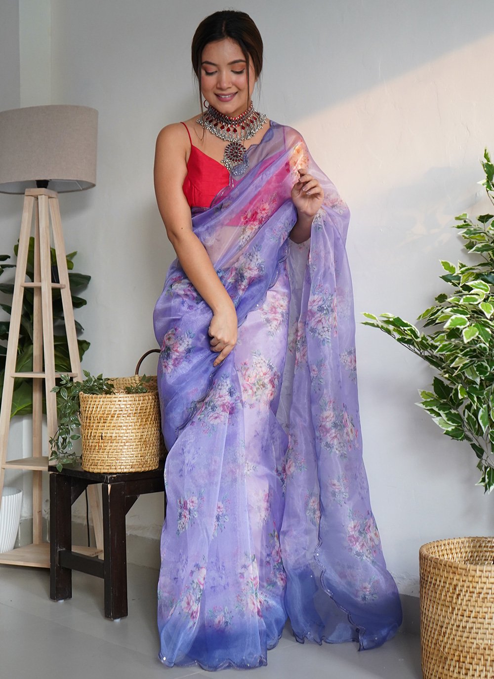 Trendy Saree Organza Lavender Digital Print Saree