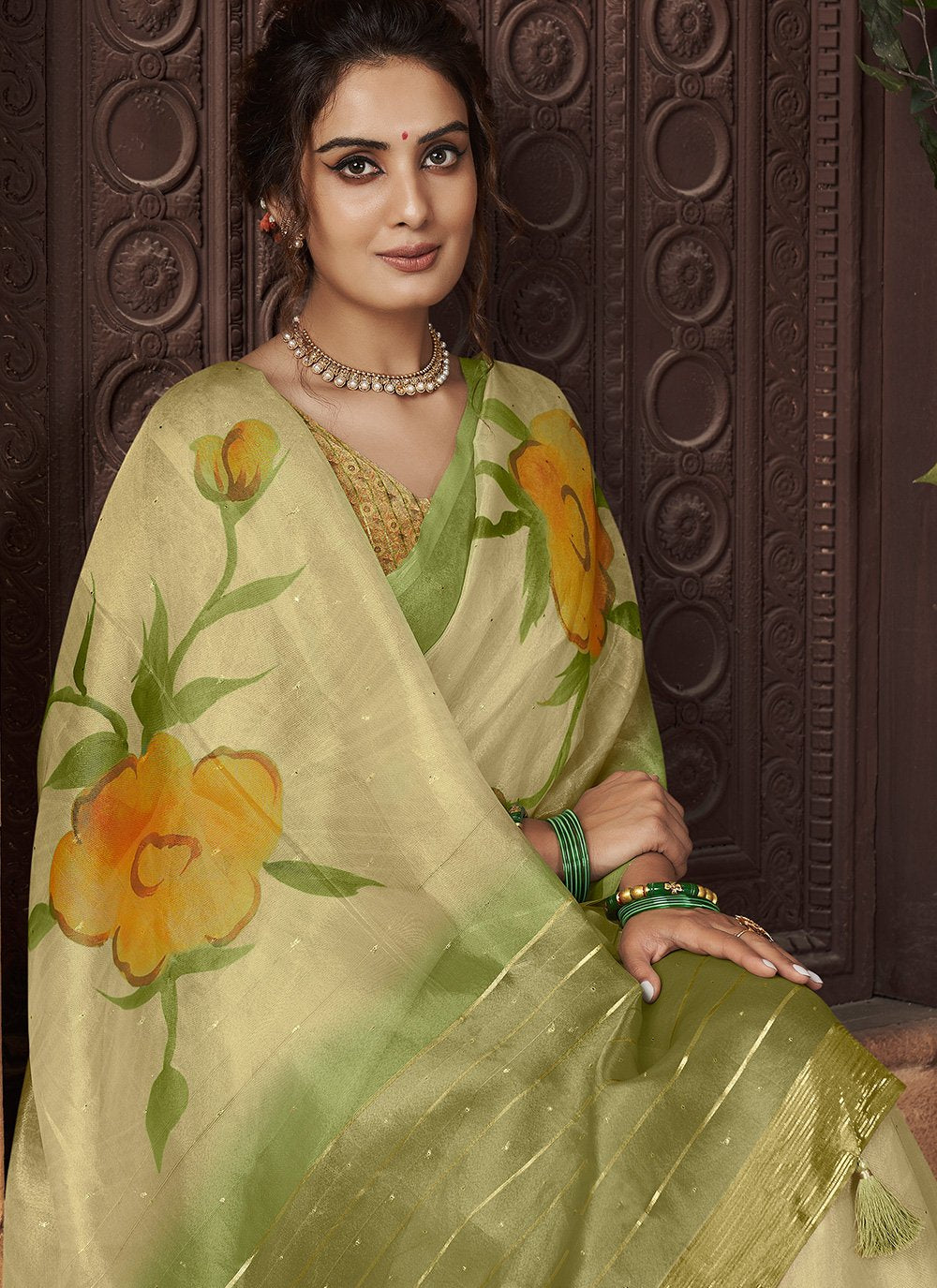 Trendy Saree Organza Green Digital Print Saree