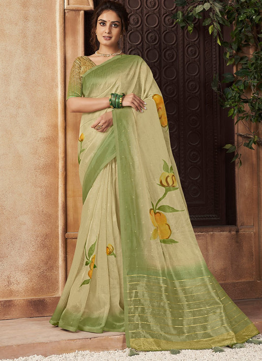 Trendy Saree Organza Green Digital Print Saree