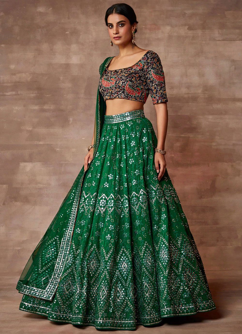 A Line Lehenga Organza Green Embroidered Lehenga Choli