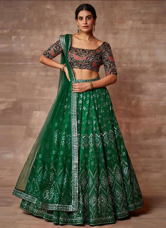 A Line Lehenga Organza Green Embroidered Lehenga Choli