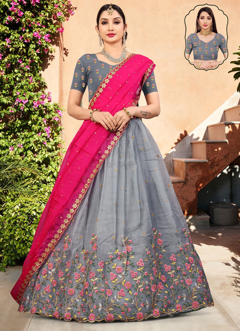 A Line Lehenga Organza Grey Embroidered Lehenga Choli