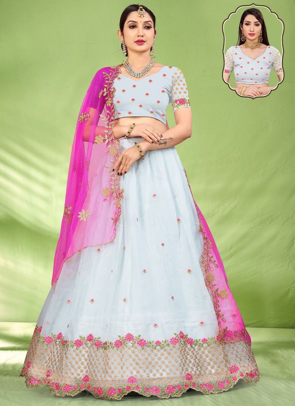 Lehenga Choli Organza Aqua Blue Embroidered Lehenga Choli