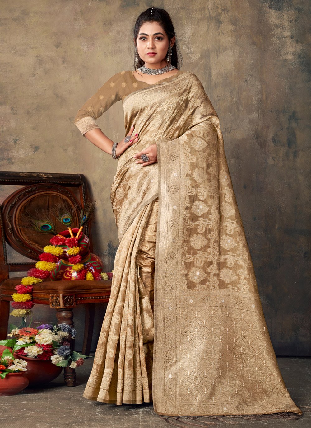 Designer Organza Beige Embroidered Saree