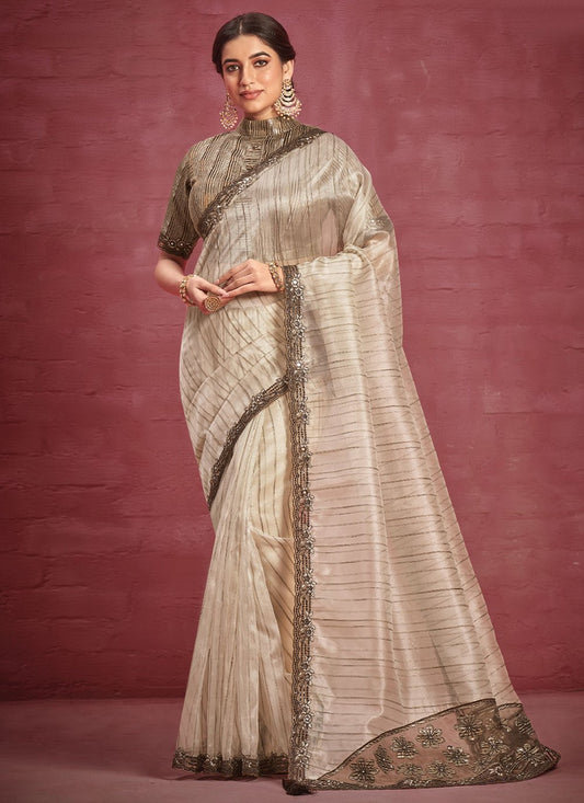 Designer Organza Beige Embroidered Saree