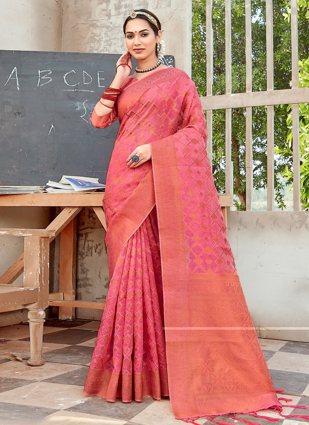 Designer Organza Pink Embroidered Saree