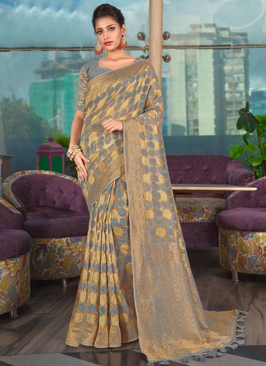 Classic Organza Grey Embroidered Saree