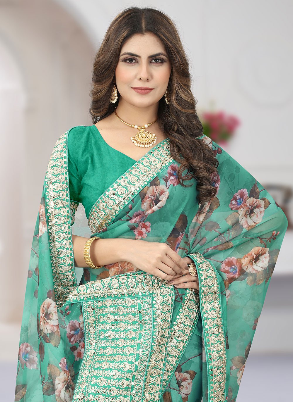 Classic Organza Turquoise Cord Work Saree