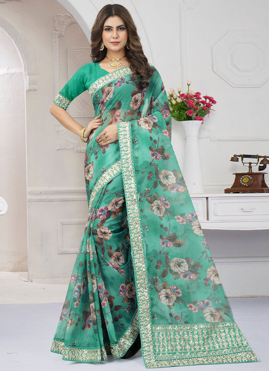 Classic Organza Turquoise Cord Work Saree