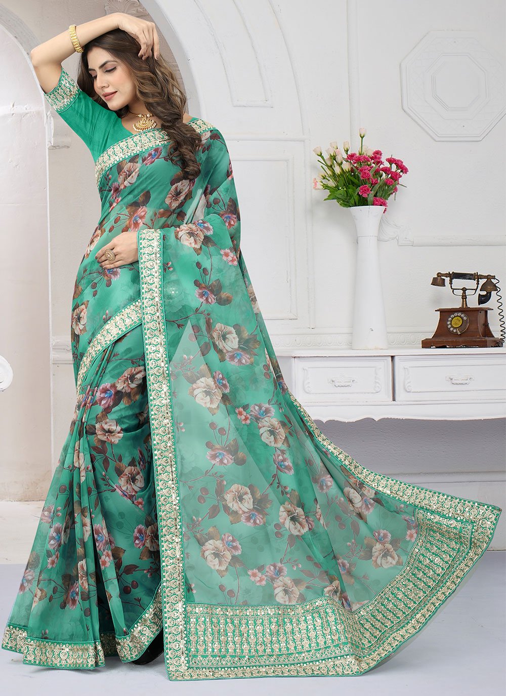 Classic Organza Turquoise Cord Work Saree