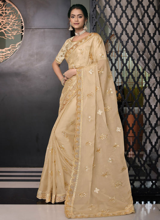 Contemporary Organza Beige Embroidered Saree