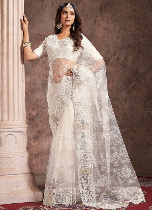 Contemporary Organza White Embroidered Saree