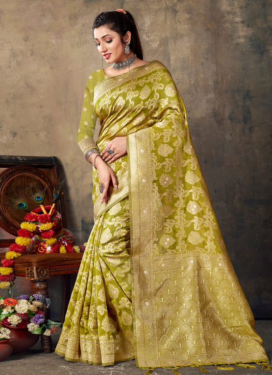 Designer Organza Green Embroidered Saree