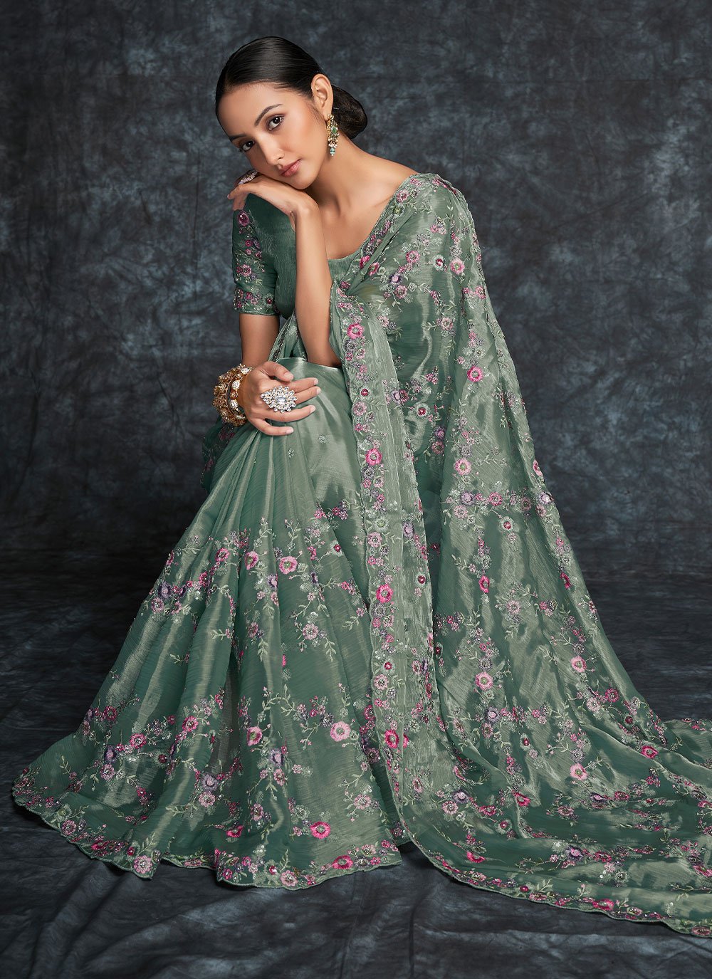 Classic Organza Green Embroidered Saree