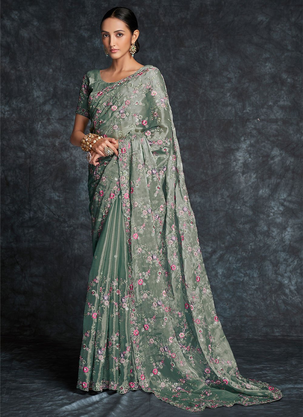 Classic Organza Green Embroidered Saree