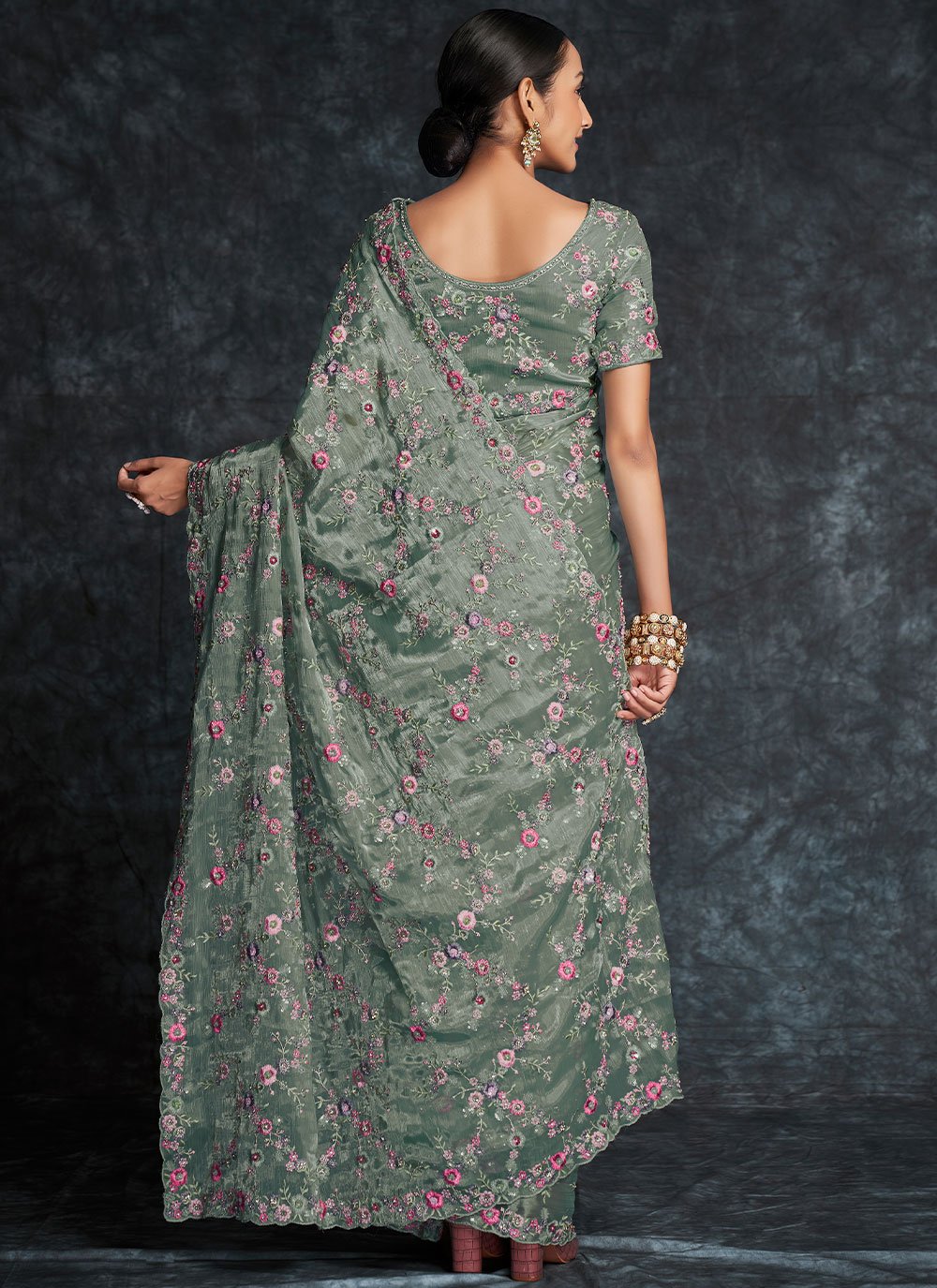 Classic Organza Green Embroidered Saree