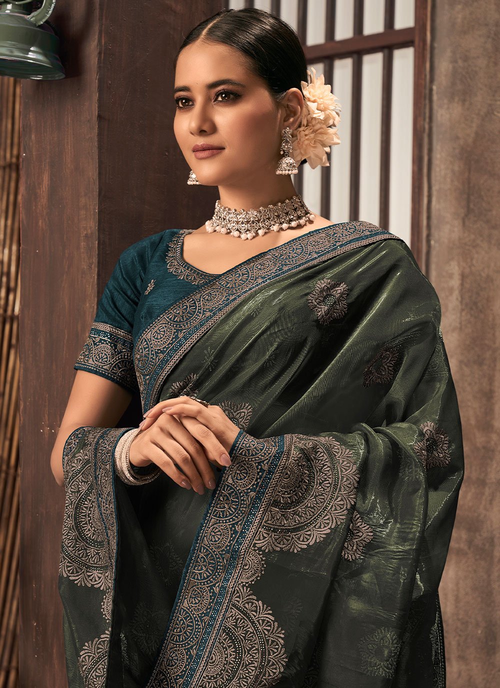 Trendy Saree Organza Green Embroidered Saree