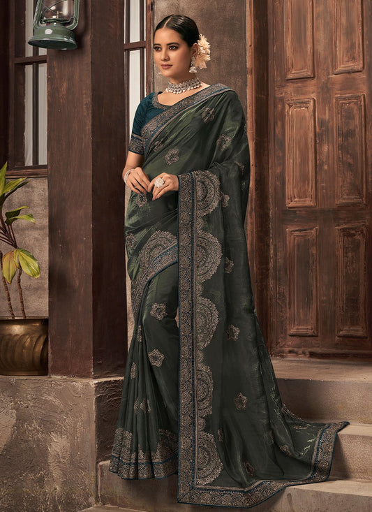 Trendy Saree Organza Green Embroidered Saree