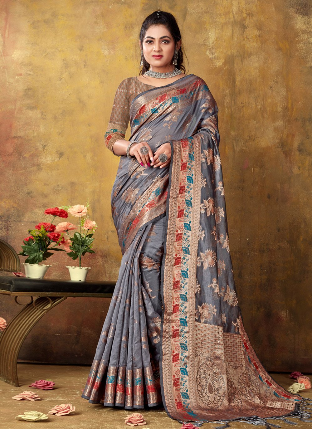 Classic Organza Grey Embroidered Saree