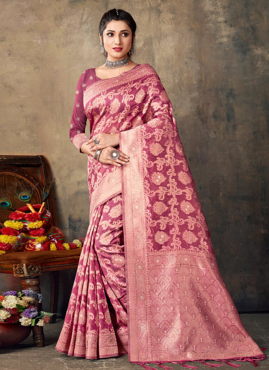 Designer Organza Magenta Embroidered Saree