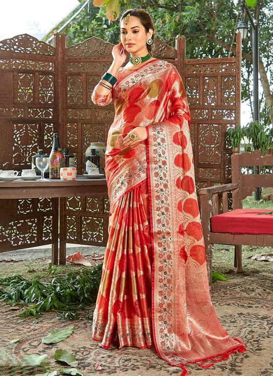 Trendy Saree Organza Red Embroidered Saree