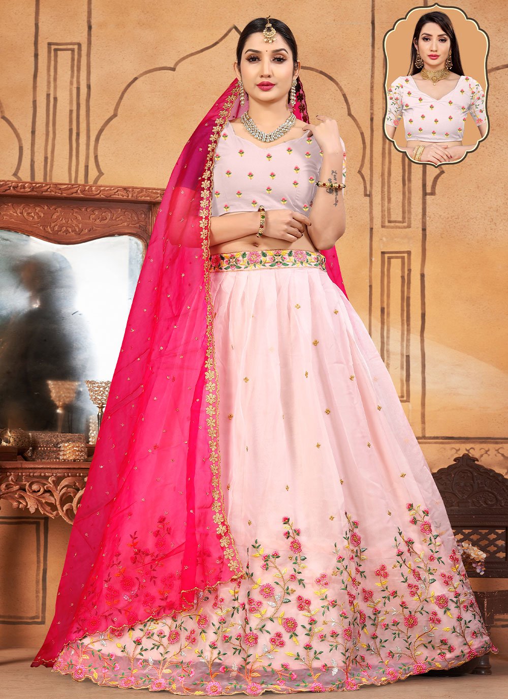 Lehenga Choli Organza Pink Embroidered Lehenga Choli