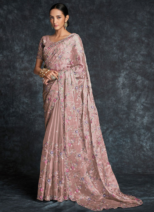 Traditional Saree Organza Pink Embroidered Saree