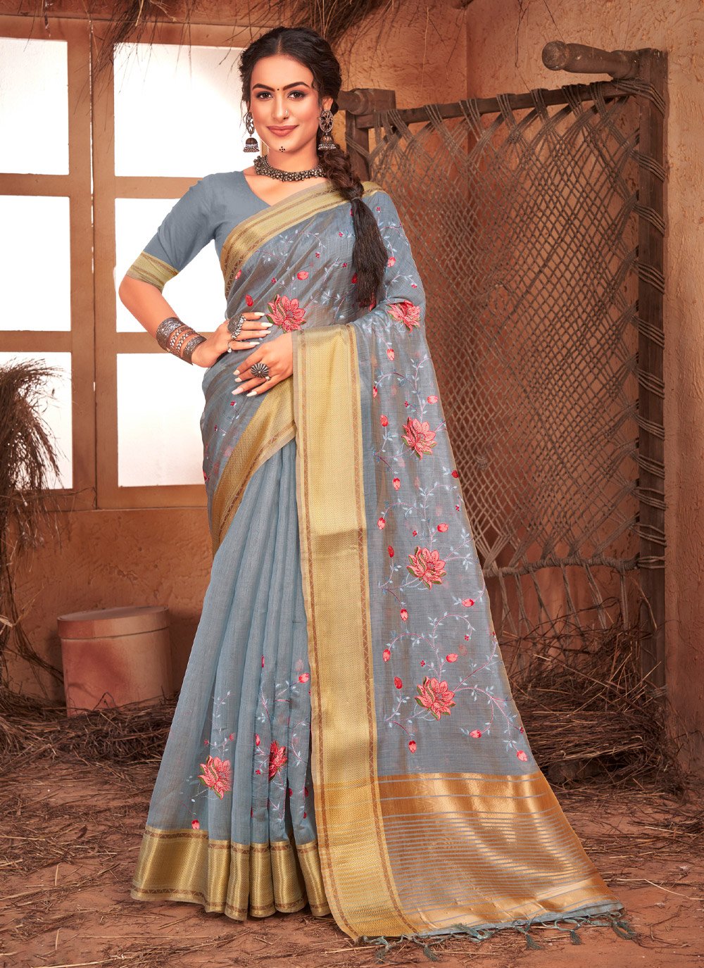 Trendy Saree Organza Grey Embroidered Saree