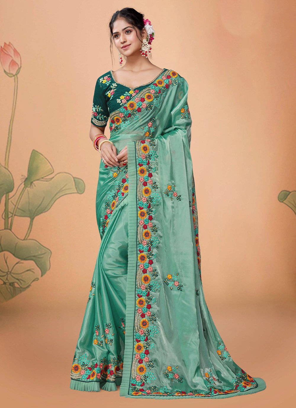 Trendy Saree Organza Sea Green Embroidered Saree