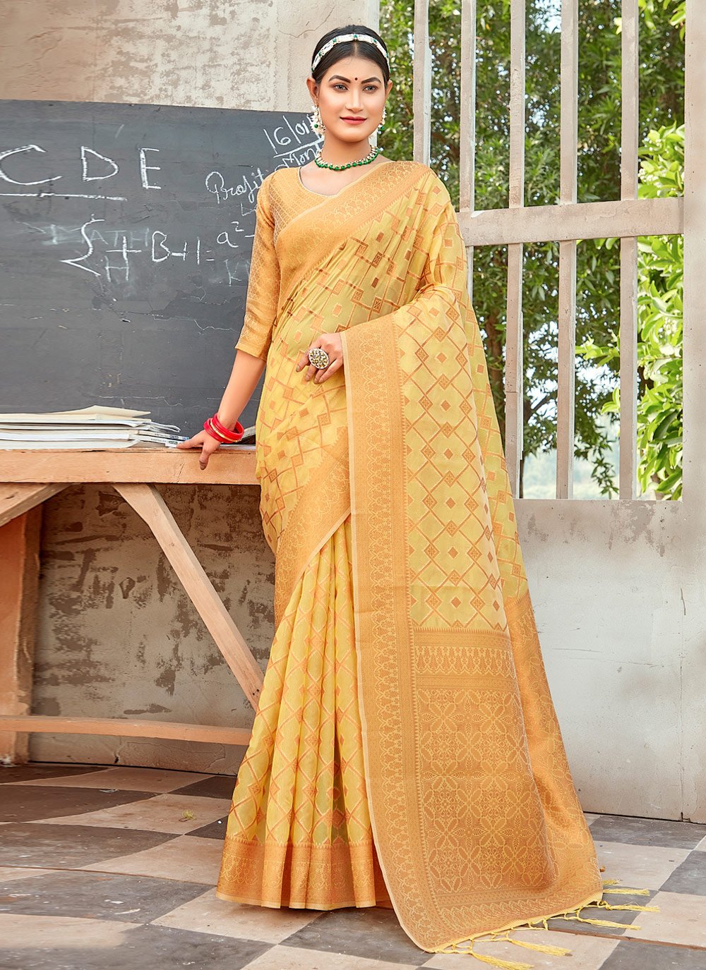 Designer Organza Yellow Embroidered Saree