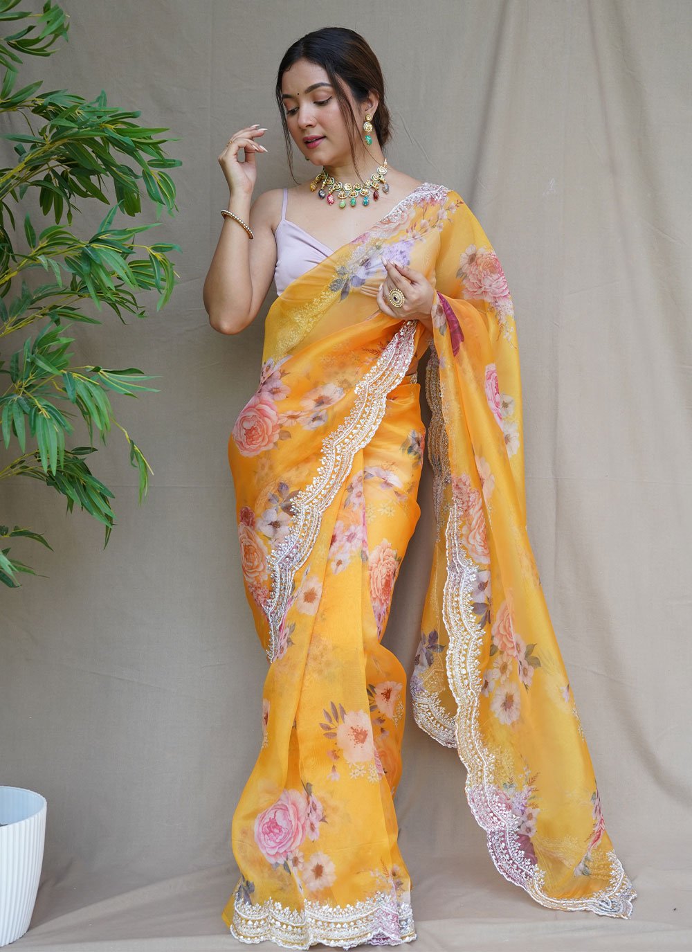 Contemporary Organza Yellow Digital Print Saree