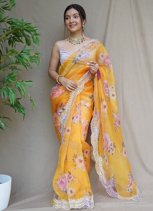 Contemporary Organza Yellow Digital Print Saree