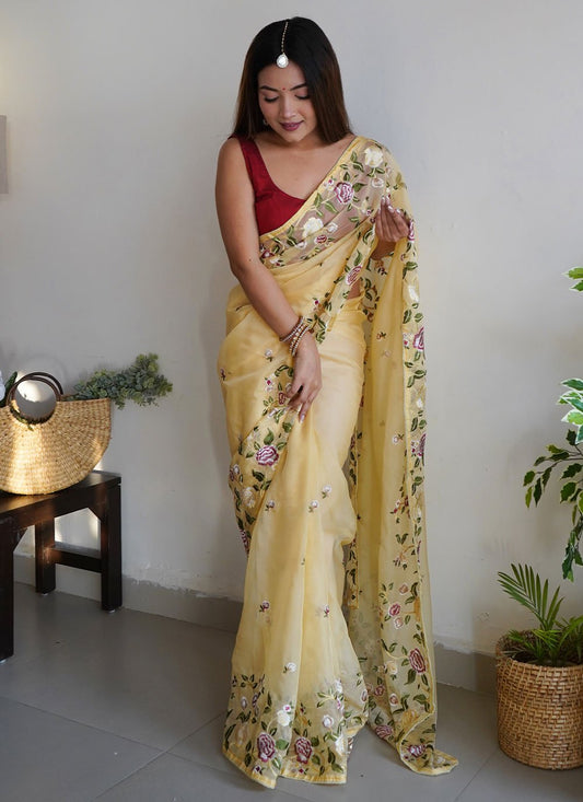Trendy Saree Organza Yellow Embroidered Saree