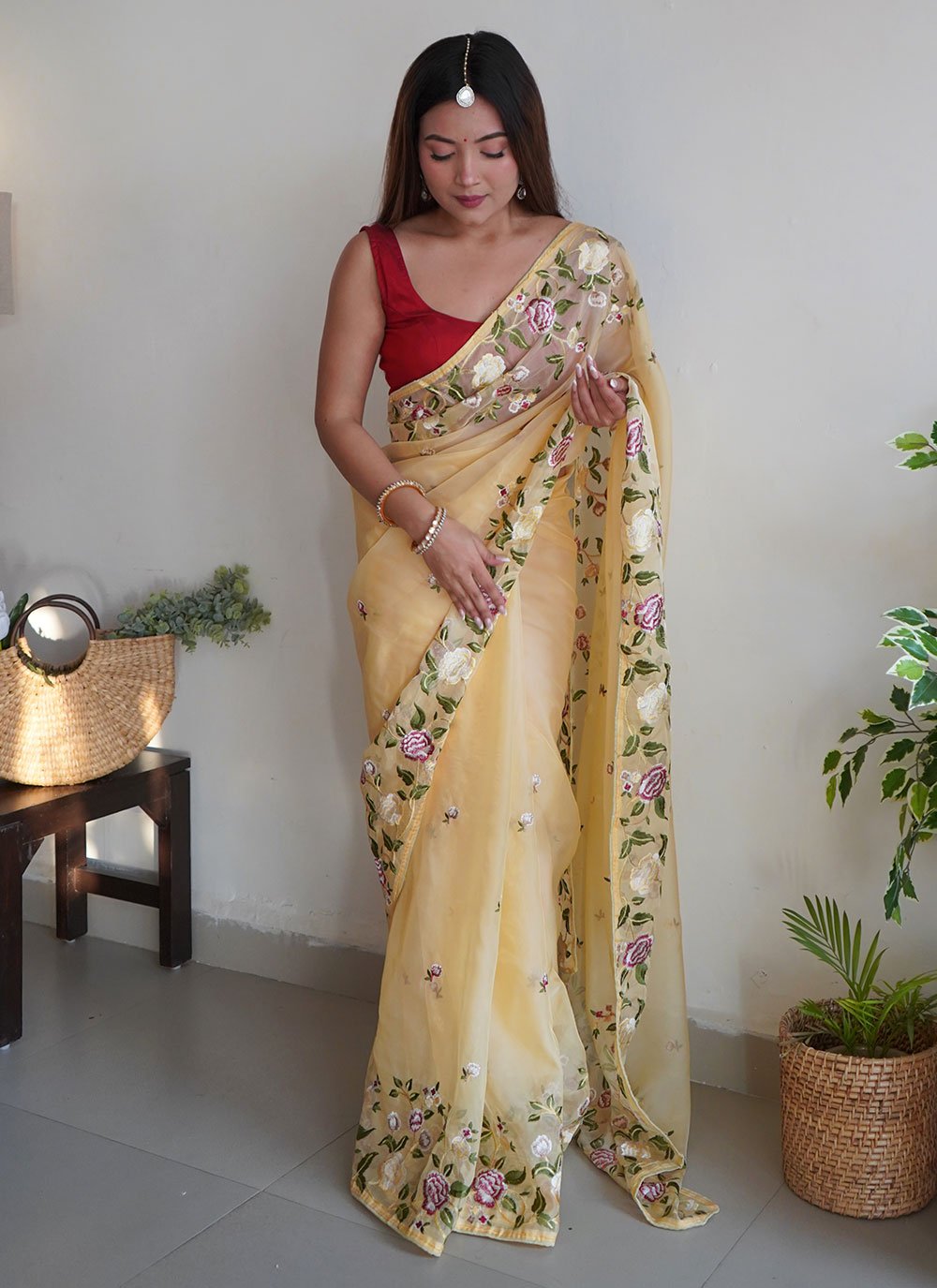 Trendy Saree Organza Yellow Embroidered Saree