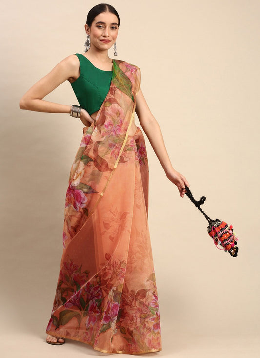 Casual Organza Peach Print Saree