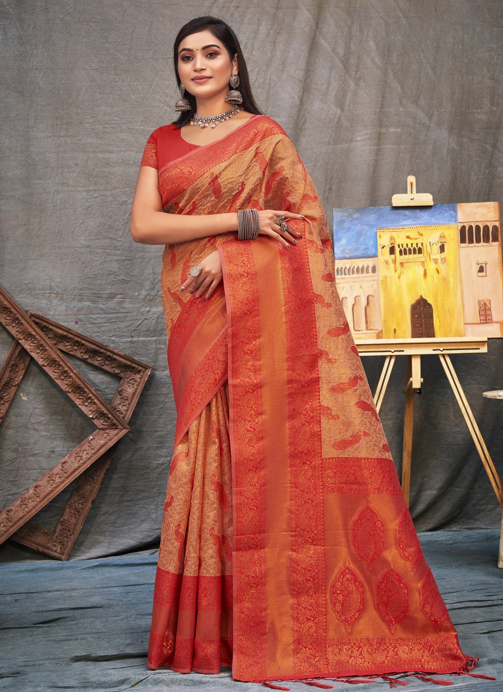 Classic Organza Beige Red Foil Print Saree