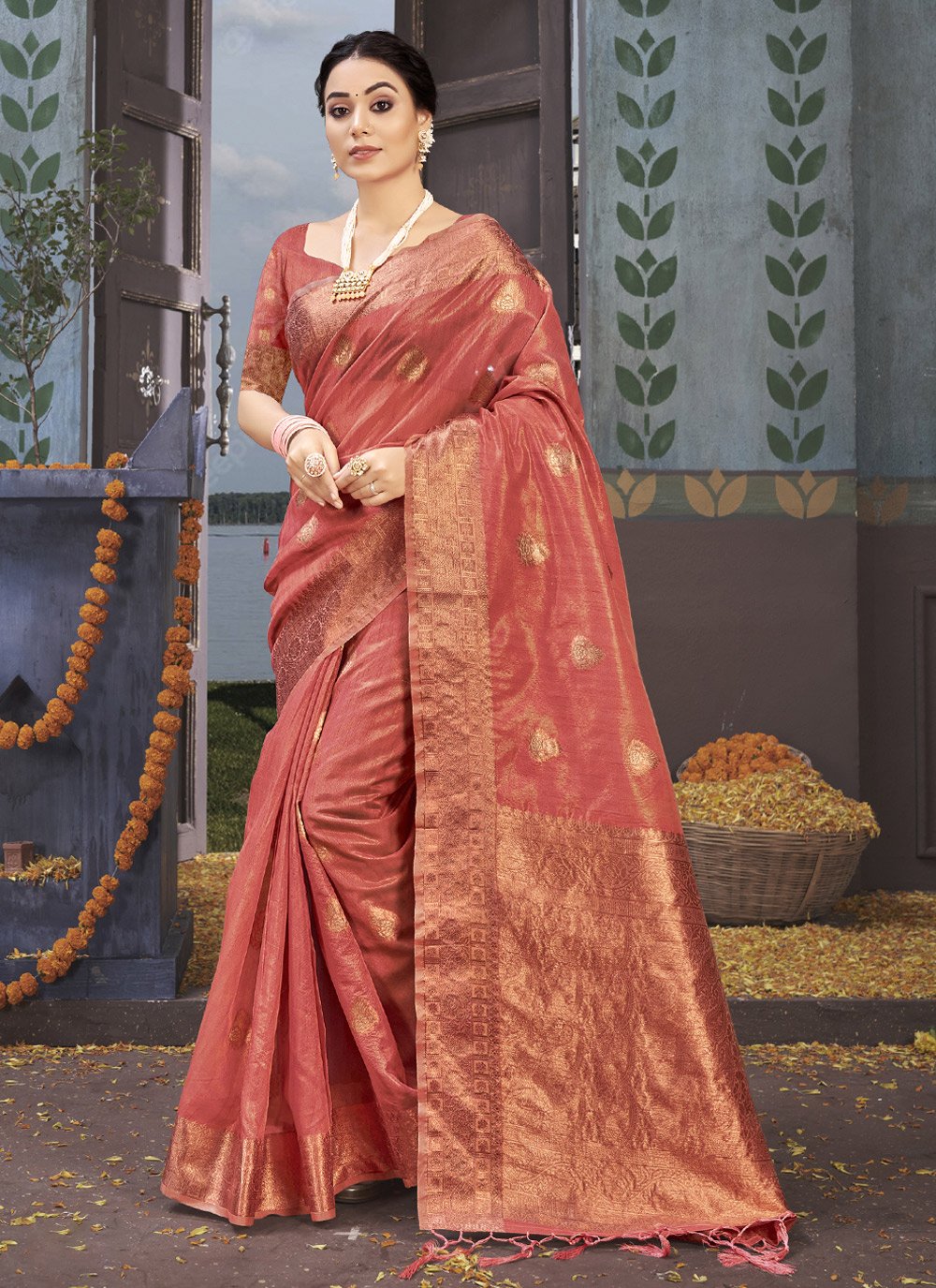 Classic Organza Rust Fancy Work Saree