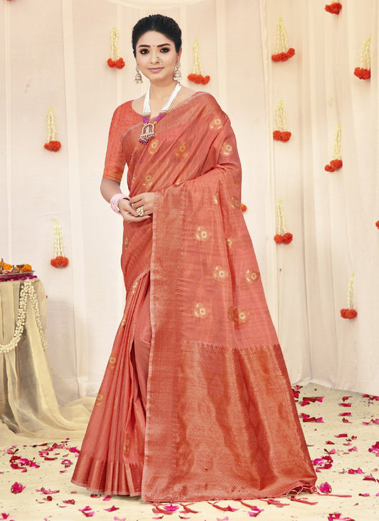 Designer Organza Orange Fancy Work Saree