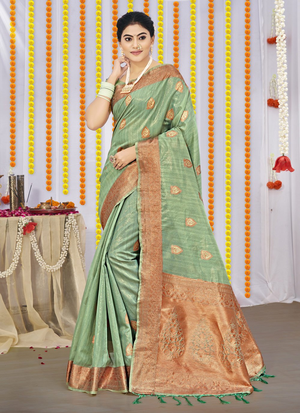 Designer Organza Green Fancy Work Saree