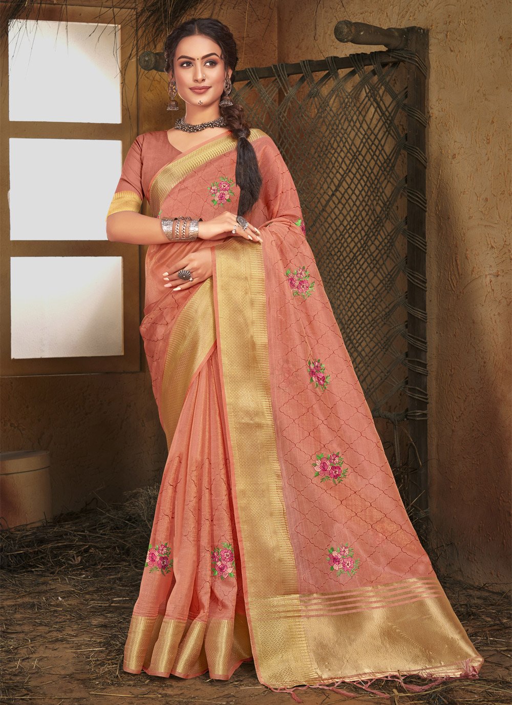 Trendy Saree Organza Pink Fancy Work Saree